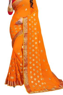 Orange embroidered georgette saree with blouse 2