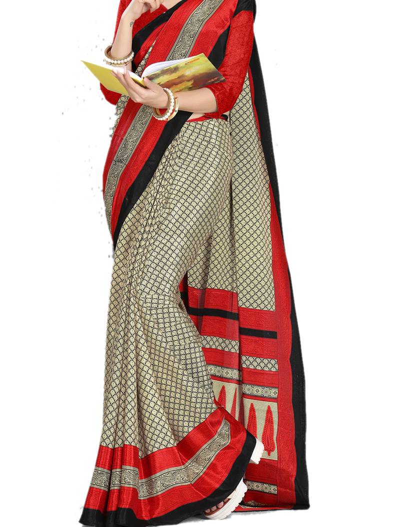 Women's Crepe Beige Printed Designer Saree With Blouse Piece