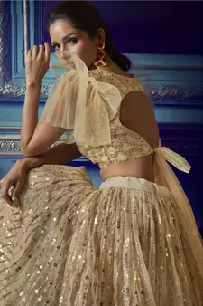 Gold Net Mirror Sequin Embroidered Wedding Lehenga Choli