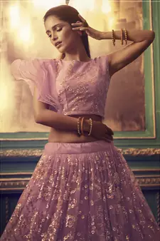 Purple Sequins Embroidered Net Lehenga Choli For Bride