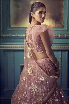 Purple Sequins Embroidered Net Lehenga Choli For Bride