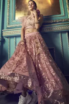 Purple Sequins Embroidered Net Lehenga Choli For Bride