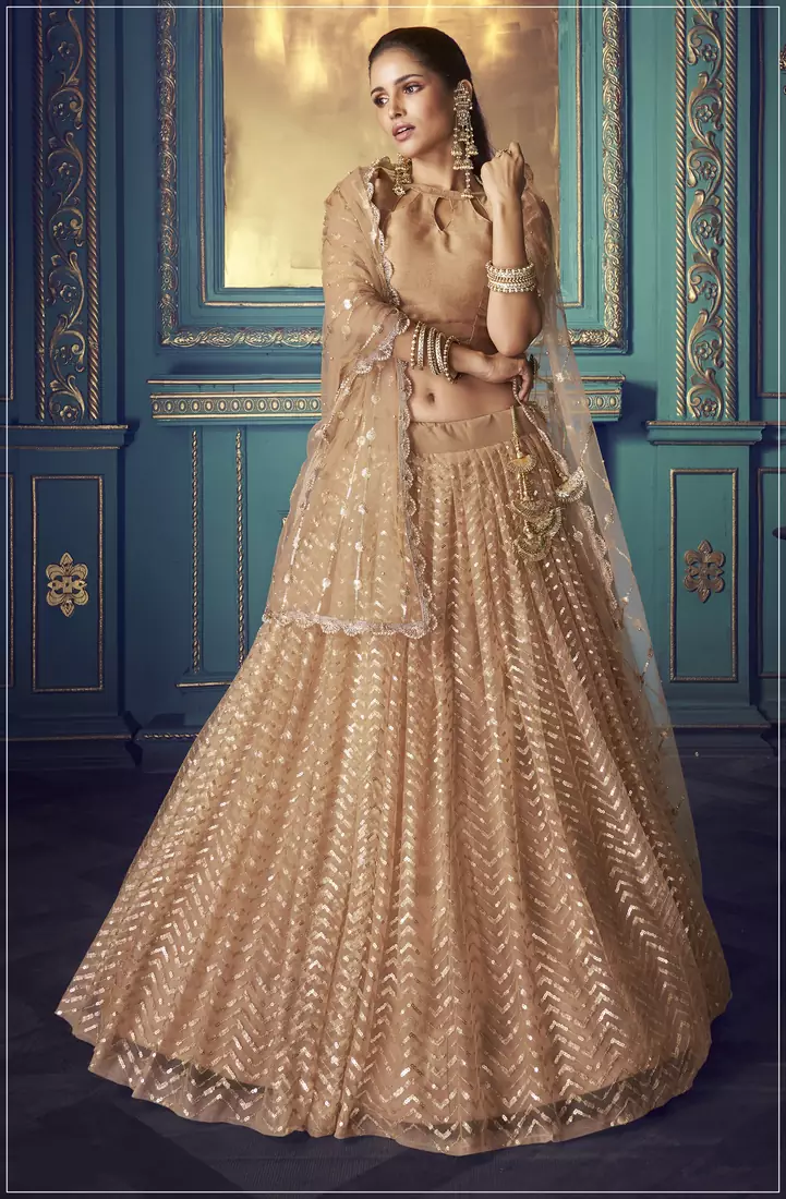 Beige Sequins embroidered net Semi Stitched bridal lehenga