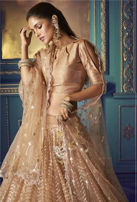 Glamorous Beige Colored Sequins embroidered Net Fabric Lehenga choli for wedding 2