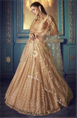 Glamorous Beige Colored Sequins embroidered Net Fabric Lehenga choli for wedding 3