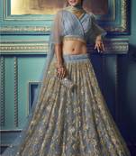 Alluring Grey Sequins Embroidered And Ruffle Work Net Wdding Lehenga Choli