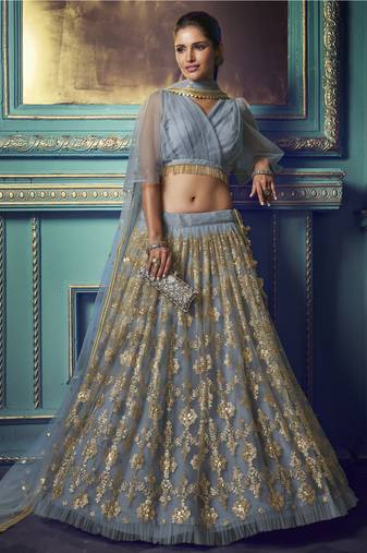 Alluring Grey Sequins embroidered and ruffle work Net fabric wdding lehenga choli
