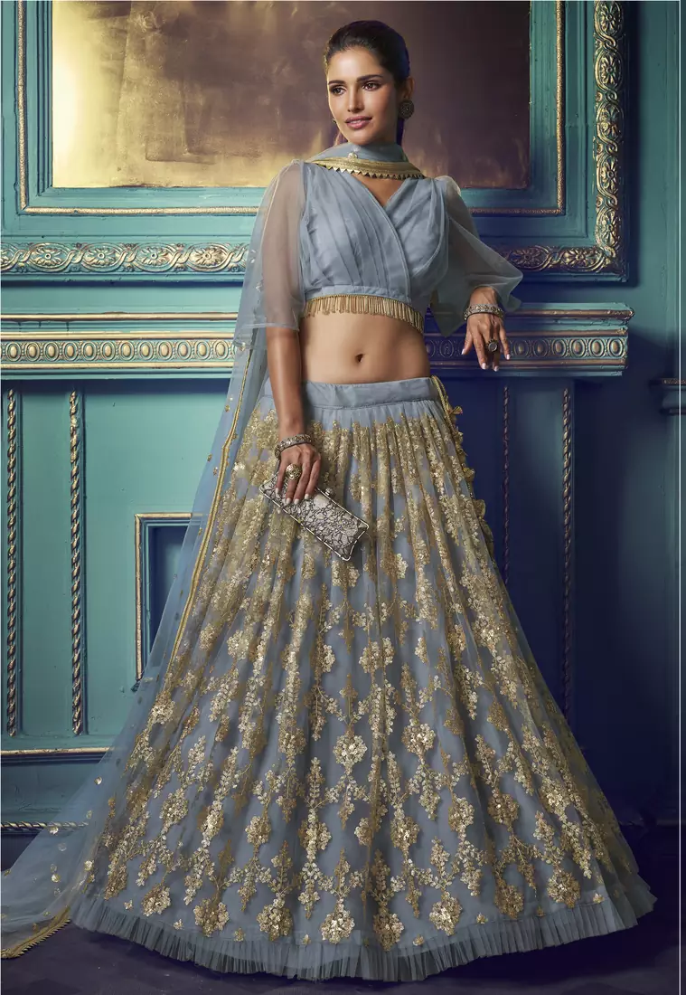 Alluring Grey Sequins embroidered and ruffle work Net fabric wdding lehenga choli