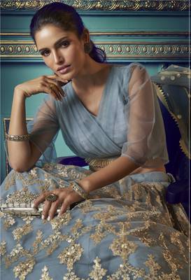 Alluring Grey Sequins Embroidered And Ruffle Work Net Wdding Lehenga Choli 2