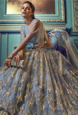 Alluring Grey Sequins Embroidered And Ruffle Work Net Wdding Lehenga Choli 3