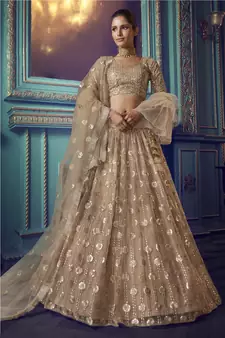 Beige Sequins embroidered net Semi Stitched bridal lehenga