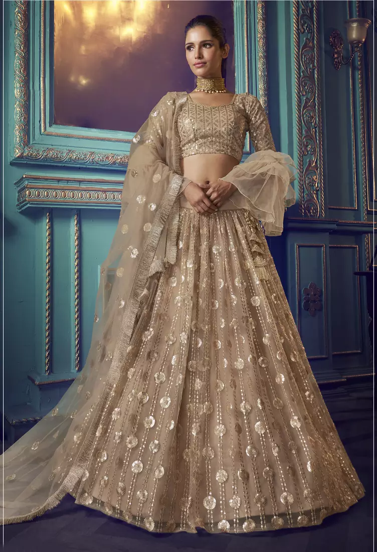 Beige Sequins embroidered net Semi Stitched bridal lehenga
