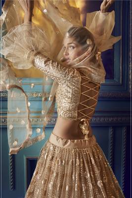 Beige Sequins embroidered net Semi Stitched net fabric lehenga choli 2