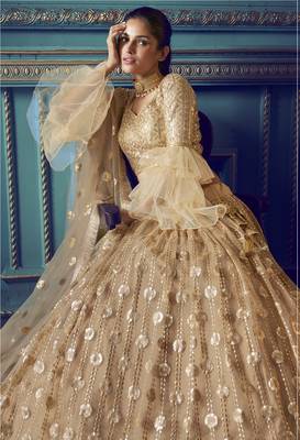 Beige Sequins embroidered net Semi Stitched net fabric lehenga choli 4