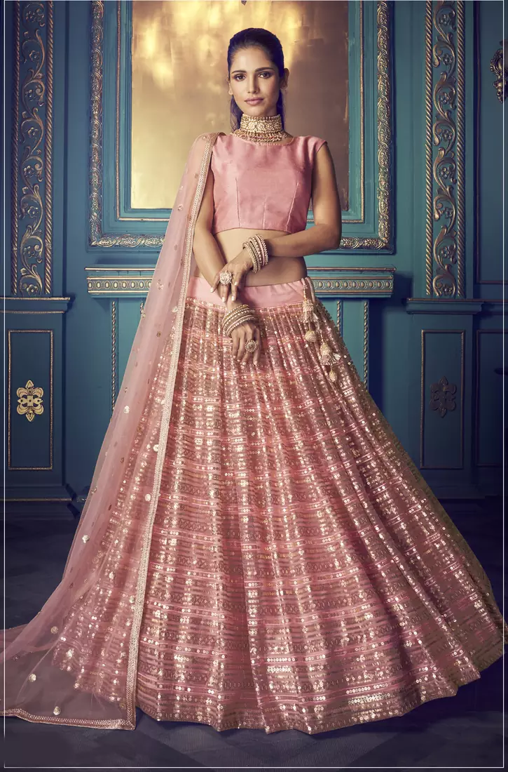 Marvellous Pink Sequins & thread embroidered net fabric Party wear Lehenga choli