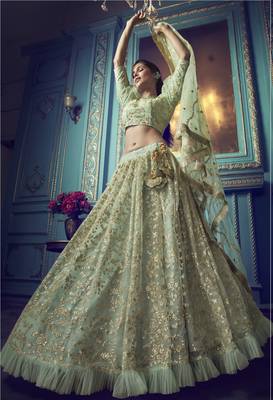 Graceful Green Sequins and Dori embroidered and ruffle worked net fabric lehenga choli for bride 4