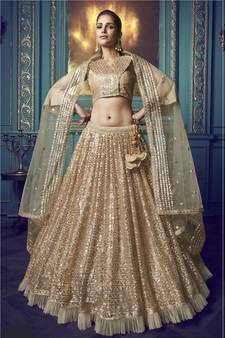 Beige Sequins embroidered net semi stitched Bridal lehenga