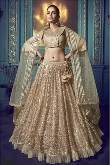 Mesmerizing Beige Sequins embroidered and Ruffle work net fabric bridal lehenga