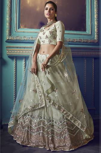 Green Sequins embroidered net Semi Stitched bridal lehenga
