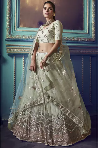Green Sequins embroidered net Semi Stitched bridal lehenga