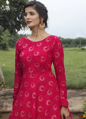 Rani Pink Georgette Foil Printed Designer Gown 4