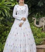 White Cotton Thread Work Designer Gown