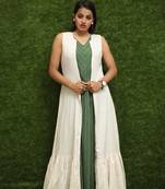 Women Green Long Kurti And White Long Jacket For Girls 