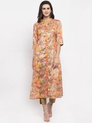 Orange printed art silk kurtas-and-kurtis 1