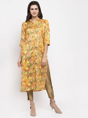 Yellow printed art silk kurtas-and-kurtis 1