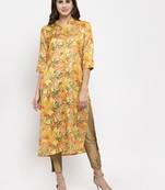 Yellow printed art silk kurtas-and-kurtis