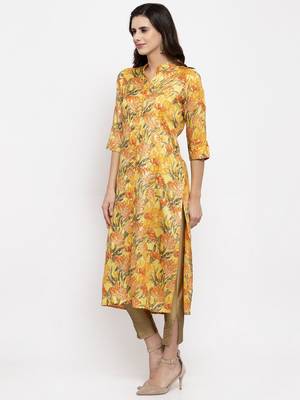 Yellow printed art silk kurtas-and-kurtis 2