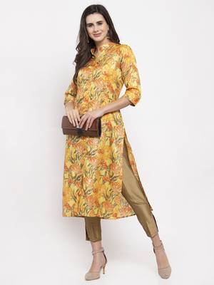 Yellow printed art silk kurtas-and-kurtis 5