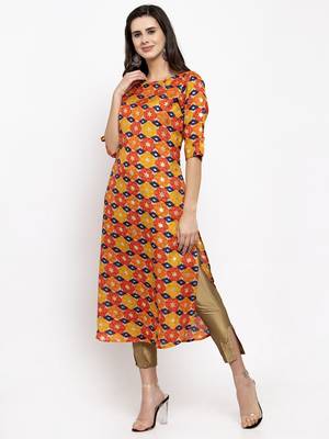 Orange printed art silk kurtas-and-kurtis 2