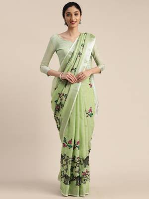 Green embroidered linen saree with blouse 1