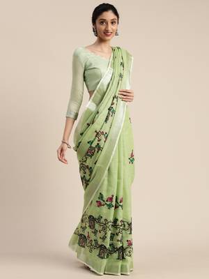 Green embroidered linen saree with blouse 2