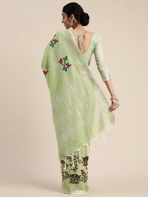 Green embroidered linen saree with blouse 3