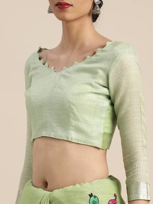 Green embroidered linen saree with blouse 4