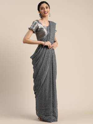 Grey embroidered georgette saree with blouse 1
