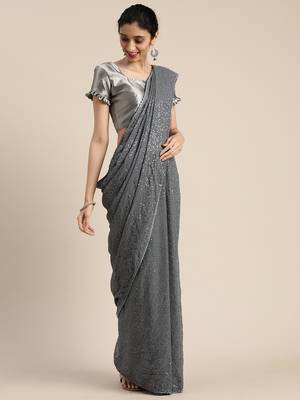 Grey embroidered georgette saree with blouse 2