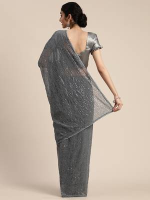 Grey embroidered georgette saree with blouse 3