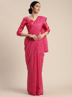 Pink embroidered georgette saree with blouse 1