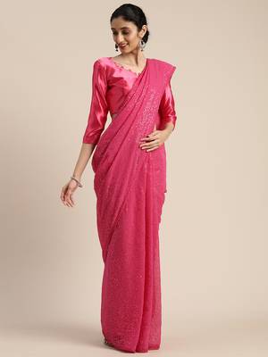 Pink embroidered georgette saree with blouse 2