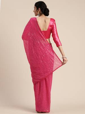 Pink embroidered georgette saree with blouse 3