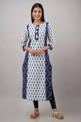 SVARCHI Women's Cotton Booti Bandhej Print Straight Kurta (Blue & White) 1