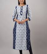 SVARCHI Women's Cotton Booti Bandhej Print Straight Kurta (Blue & White)