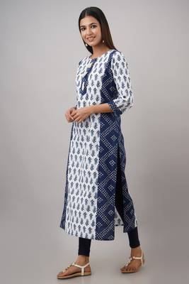 SVARCHI Women's Cotton Booti Bandhej Print Straight Kurta (Blue & White) 2