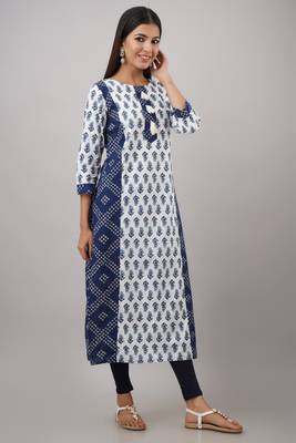 SVARCHI Women's Cotton Booti Bandhej Print Straight Kurta (Blue & White) 3