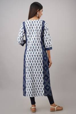 SVARCHI Women's Cotton Booti Bandhej Print Straight Kurta (Blue & White) 4