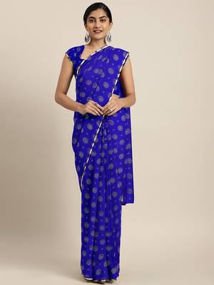 Blue printed georgette saree with blouse 1
