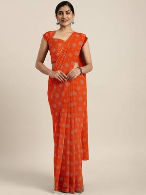 Orange printed georgette saree with blouse 1